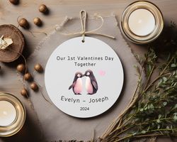 1st valentines day romantic penguins ornament, valentines ceramic ornament gift, first valentines day boyfriend keepsake