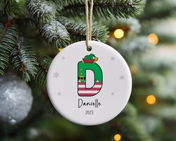 elf letter christmas ornament, 2023 christmas ornament, cute custom initial christmas ornament, monogram hanging ornamen