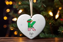 heart elf letter christmas ornament, 2023 christmas ornament, custom initial christmas ornament, monogram hanging orname