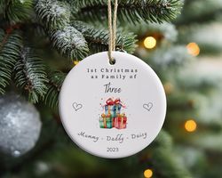 personalized family of three christmas ornament, first christmas ornament, personalized christmas ornament, new parents