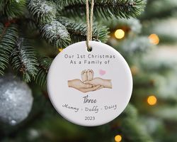 personalized family of three christmas tree ornament, first christmas ornament, christmas ornament, new parents gift, ba