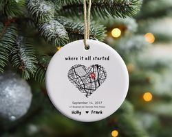 personalized heart map ornament gift, where it all started ornament, valentines day gift, engagement gift, couple orname