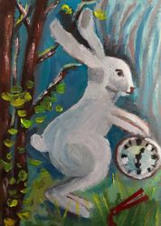 the fabulous rabbit painting original art wall small oil