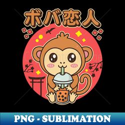 baby monkey drinking boba tea kawaii iced tea lover - retro png sublimation digital download - instantly transform your sublimation projects