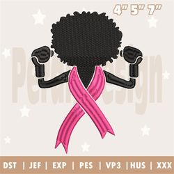 cancer ribbon embroidery design, pink ribbon black woman breast cancer embroidery design, pink ribbon embroidery instant