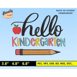 hello kindergarten embroidery design, back to school embroidery file, graduation embroidery file, school embroidered shi