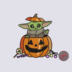 baby yoda with pumpkin machine embroidery design, halloween embroidery digital design, filled stitch fill design embroid