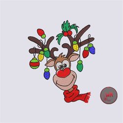 reindeer machine embroidery design, christmas reindeer embroidery files, reindeer with christmas lights embroidery desig