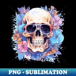 trendy halloween skull illustration with sunglasses and floral splash - png transparent sublimation file - boost your success with this inspirational png download