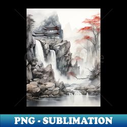 waterfall in mountain forest - chinese ink brush style - vintage sublimation png download - fashionable and fearless