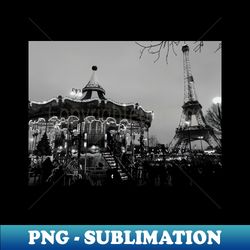 black and white eiffel tower photography carousel paris france - png sublimation digital download