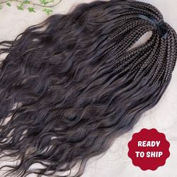 long dark brown pre braided curly hair extensions, full set of synthetic braids with wavy loose hair