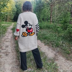 handmade oversized mickey cardigan with pockets - unique, cozy merino wool blend, long coat, perfect for s-l sizes