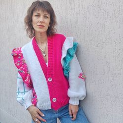 handmade oversized pink colorblock patchwork ruffled cardigan - unique, cozy merino wool blend, perfect for xs-m sizes