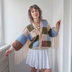 handmade oversized colorblock patchwork cardigan with fringes - unique, cozy merino wool blend, perfect for s - l sizes