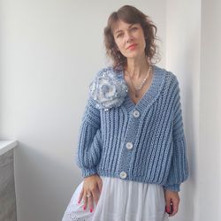 handmade chunky blue cardigan with big flower - unique, cozy merino wool blend, oversize, perfect for s-xl sizes