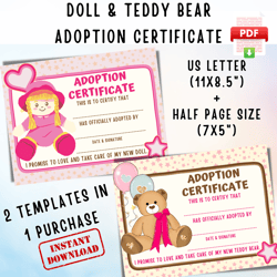 doll & bear adoption certificate set printable, baby doll certificate, teddy bear certificate, adopt handmade soft toy