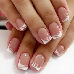 24pcs false nail full cover fake nail elegant pink gradient glitter french short nails coffin short false nail