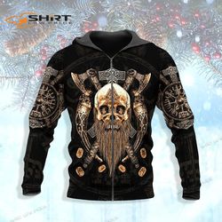 elder beard viking skull 3d all over printed unisex zip up hoodie