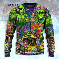 hippie space alien smoking weed ugly christmas sweater