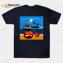 pirate pumpkin halloween moon and bat over island t-shirt