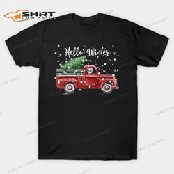 cute cat hello winter red car merry christmas 2023 t-shirt