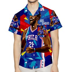 philadelphia 76ers joel embiid art 3d all over print summer beach hawaiian shirt with pocket