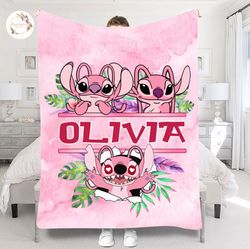 personalized angel blanket, custom baby girl disney blankets, stitch b