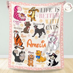 personalized disney cats blanket, custom name cat lovers baby girl bla