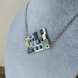 blue rectangle circuit board necklace cyberpunk necklace recycled futuristic pendant jewelry unisex