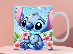 3d cute stitch flowers and bubbles mug, 3d mug design, mug 11oz and 15oz stitch mug