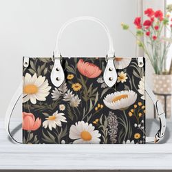 pu leather handbag dark cottagecore wildflower botanical floral design satchel shoulder purse tote beautiful unique desi