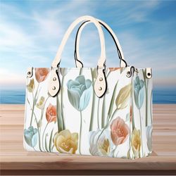 women leather pu handbag shoulder bag tote purse beautiful tulip cute spring summer peach blue floral flower botanical d