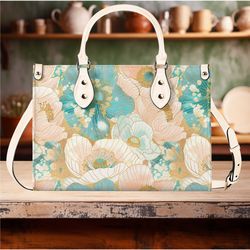 women leather pu handbag shoulder bag tote purse beautiful, cream turquoise cute spring summer floral flower botanical d