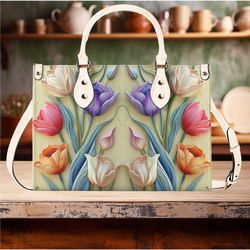 women leather pu handbag shoulder bag tote purse beautiful, cute peach purple tulip spring summer floral flower botanica