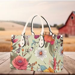 women leather pu handbag shoulder bag tote purse beautiful, cute peach spring summer floral flower botanical design patt