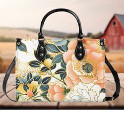 women leather pu handbag shoulder bag tote purse beautiful, cute spring summer floral peach flower botanical design patt