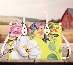 women leather pu handbag shoulder bag tote purse beautiful, cute spring yellow summer floral flower botanical design pat