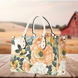 women leather pu handbag shoulder tote purse beautiful, cute peach cream spring summer floral flower botanical design pa