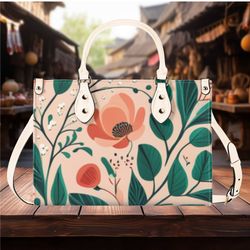 women pu leather handbag shoulder bag tote flower floral botanical peach green design abstract purse gift mom friend spr