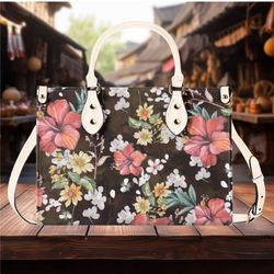 women pu leather handbag tote floral botanical impatiens design purse 3 sizes large can be a beautiful beach travel tote