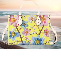 women pu leather handbag tote floral cherry blossoms botanical design purse 3 sizes large can be a beautiful beach trave