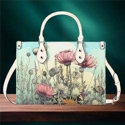 women pu leather handbag tote floral cottagecore peach green botanical design abstract art purse large tote beach travel