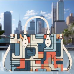 women pu leather handbag tote geometrical blue orange art deco design abstract art purse large tote shoulder bag beach t