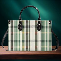 women pu leather handbag tote geometrical green plaid art deco design abstract art purse large tote vacation beach trave