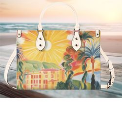 women pu leather handbag tote ocean boat art deco design abstract art purse large tote would be perfect for vacation bea