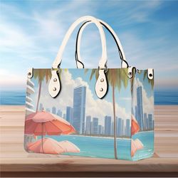 women pu leather handbag tote ocean boat blue peach art deco city scene design abstract art purse large tote beach trave