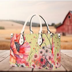 women pu leather handbag tote purse beautiful poppy red pinks spring summer floral handbag botanical garden wildflowers