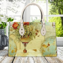 women pu leather handbag tote top handles unique art air balloon deco beautiful spring summer colors purse make a nice g