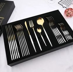 24 pcs premium stainless steel dining cutlery set golden black